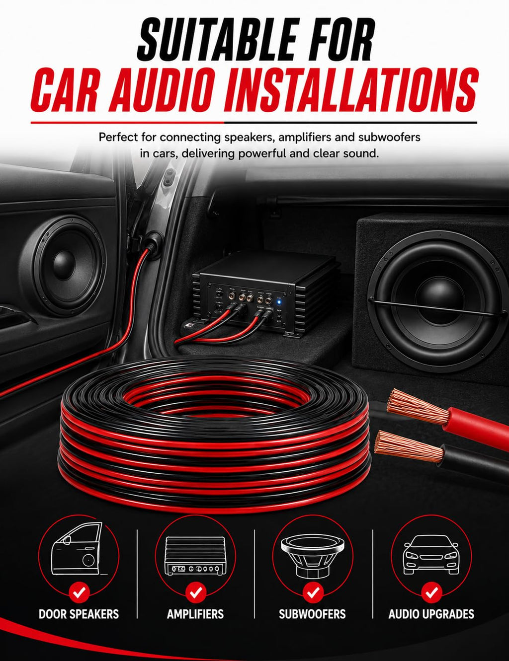 Xtremeauto 10m Speaker Cable 2 x 1.0mm² – 2 Core Red & Black Audio Cable with 89 Strands Per Core for Home Hi-Fi, Speakers, Amplifiers & Car Audio Systems