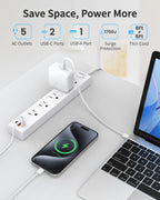 6FT Surge Protector Power Strip, 1700J, 5AC&1A2C, Flat Plug Extension Cord