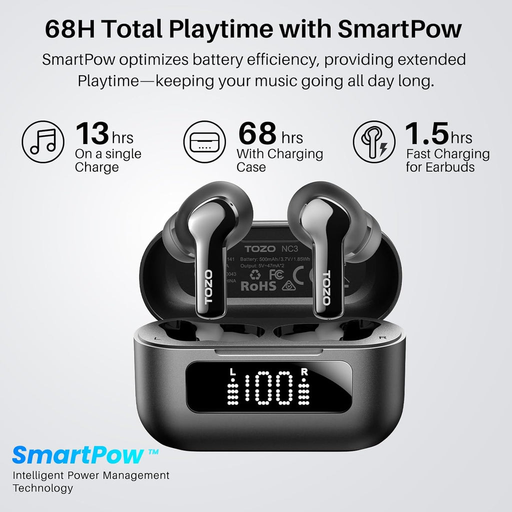 TOZO Hybrid Active Noise Cancelling in Ear Wireless Earbuds, 68H Playtime