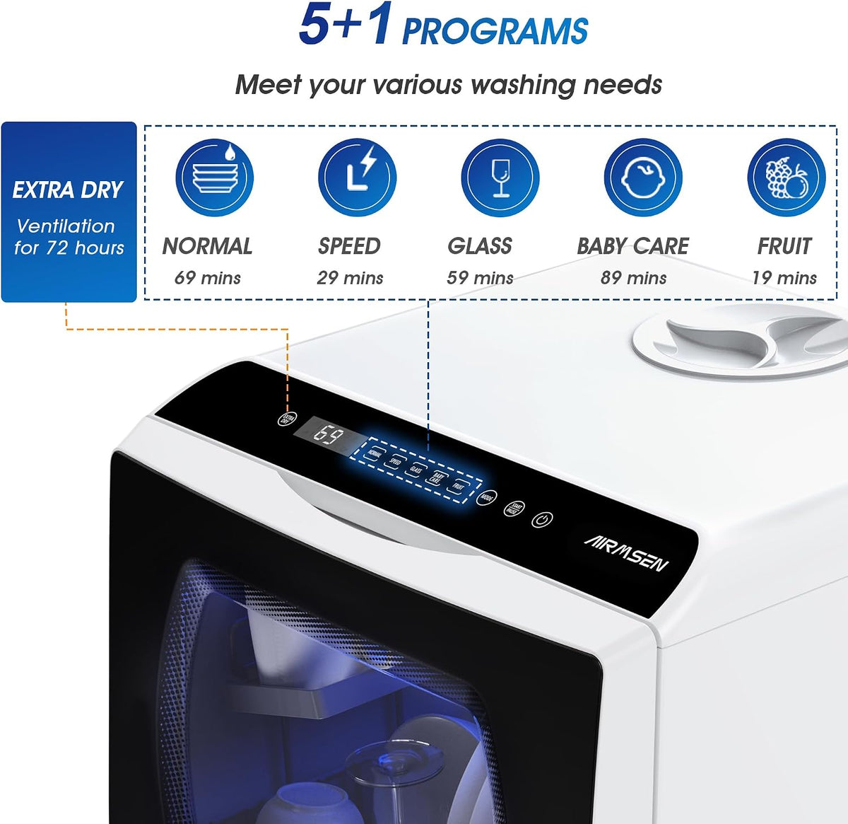 AIRMSEN Portable Countertop Dishwasher, No Hookup Needed