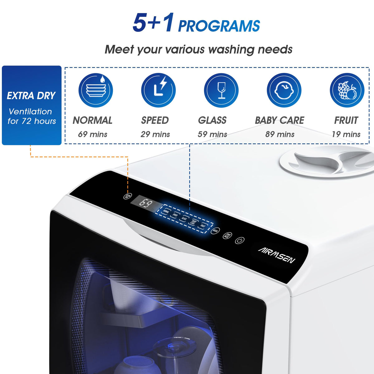 AIRMSEN Portable Countertop Dishwasher, No Hookup Needed