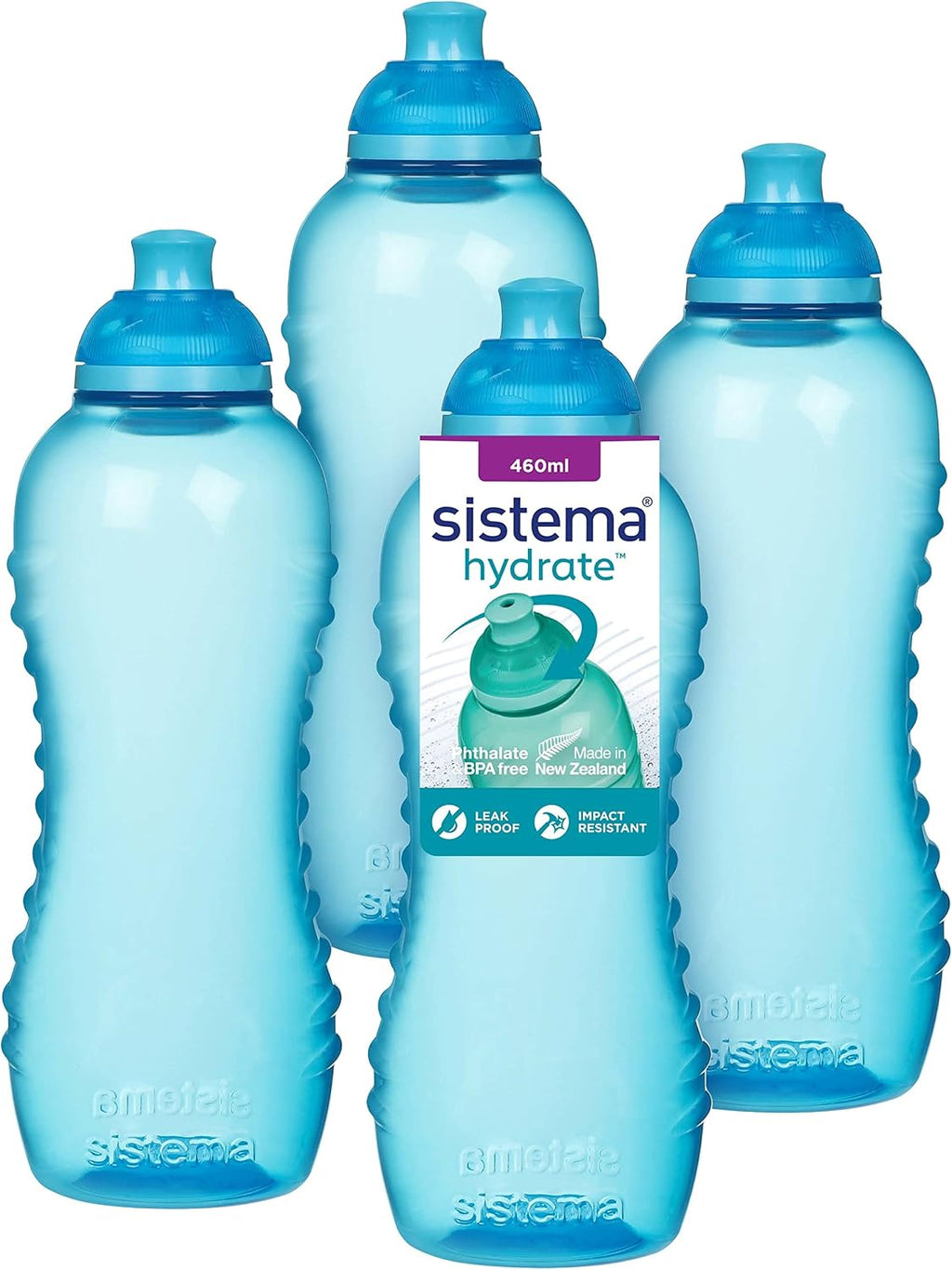 Sistema Squeeze Twist 'n' Sip Sports Water Bottles | 460 ml | Leakproof Kids Water Bottles | BPA-Free | Blue | 4 Count