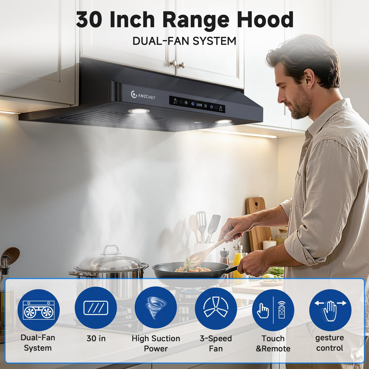 AMZCHEF 30" Under Cabinet Range Hood, 750CFM Stainless Steel Vent Hood