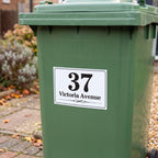 EDSG 4 x Wheelie Bin Stickers, Personalised Bin Numbers for Wheelie Bins, Custom Wheelies Bins Numbers Stickers, Number Sticker with House Number Street Name (Design 1)