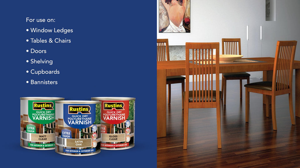 RustinsQuick Dry Poly Varnish Satin Clear 500ml -Tough, Water-Based Clear Finish in Gloss, Matt or Satin; Durable Protection for Interior Wood, Furniture and Floors