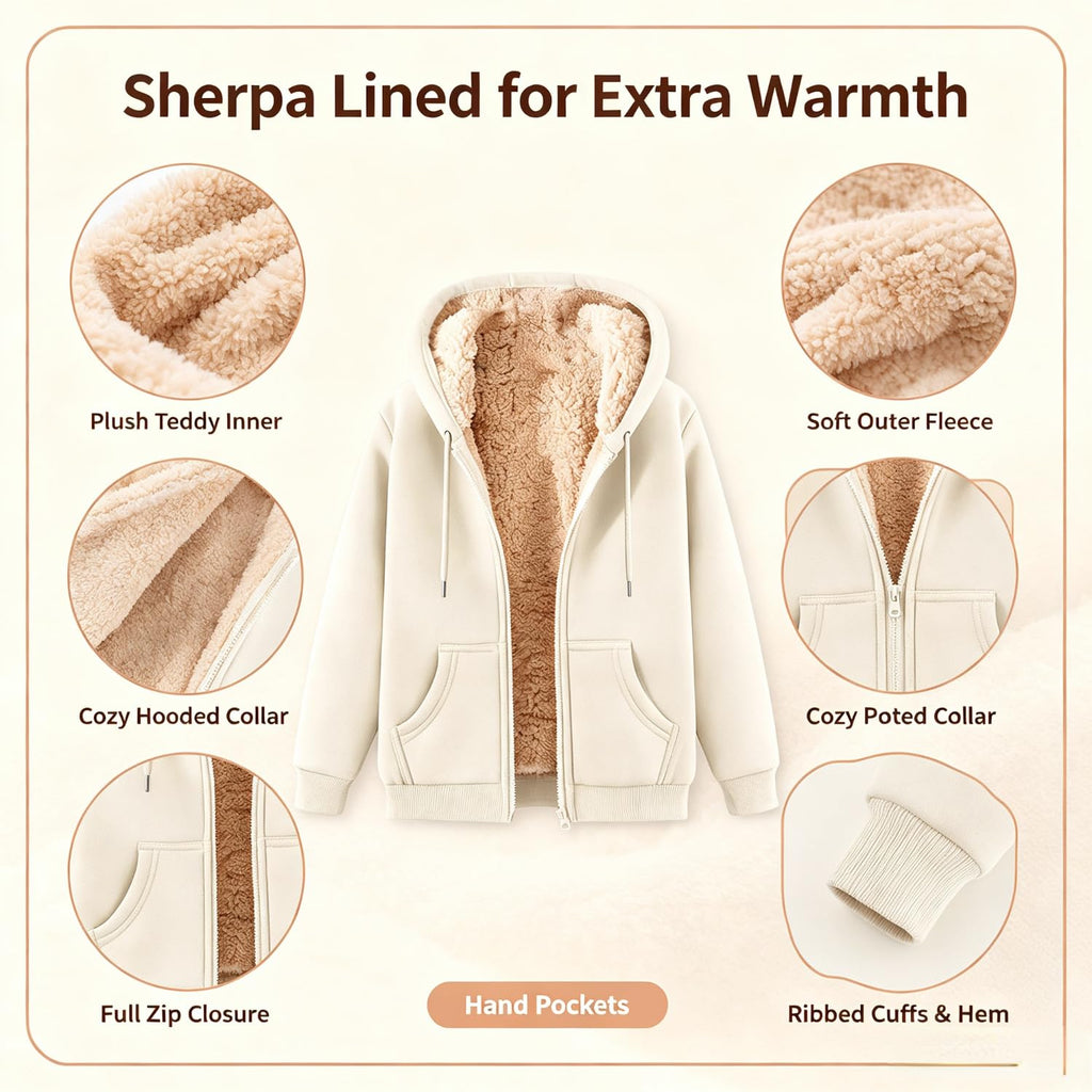 Teddy Fleece Mens Hoodies Sherpa Lined Fuzzy Jacket with Pockets Full Zip Hooded Adjustable Sweatshirts Winter Warm Jumper Coat Outwear Thermal Outfits Clothing