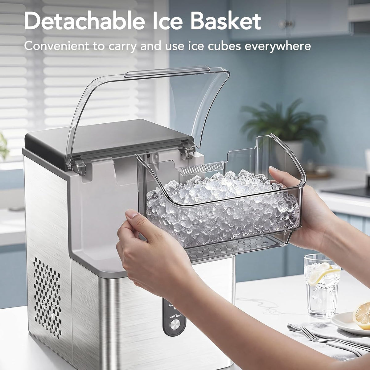 Electactic Nugget Ice Maker Countertop, 35Lbs/24H, Ready in 7 Mins Pebble Ice Maker Machine, Self-Cleaning Pellet Ice Maker with Ice Scoop&Basket, Countertop Sonic Ice Makers for Home, Stainless Steel