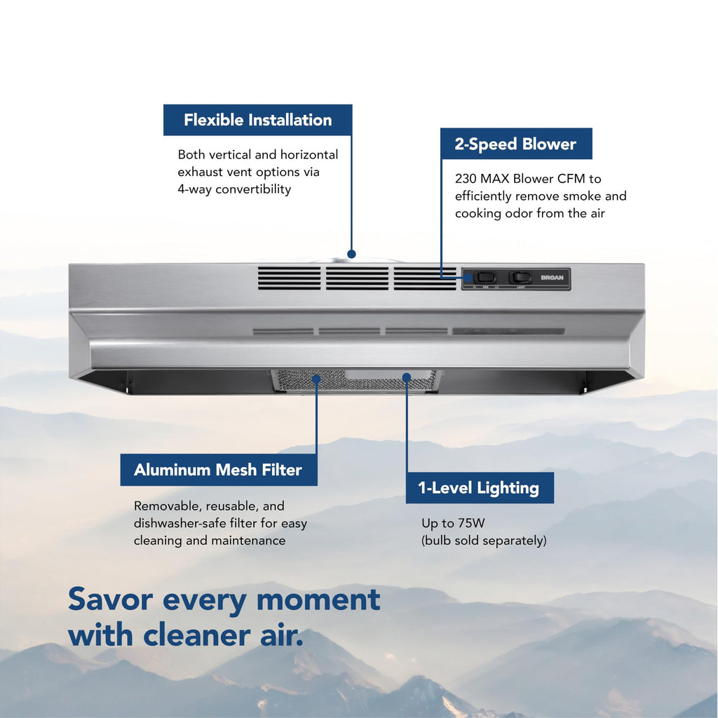 Broan-NuTone F403011 Insert with Light, Exhaust Fan for Under Cabinet Two-Speed Four-Way Convertible Range Hood, 30-Inch, White on White