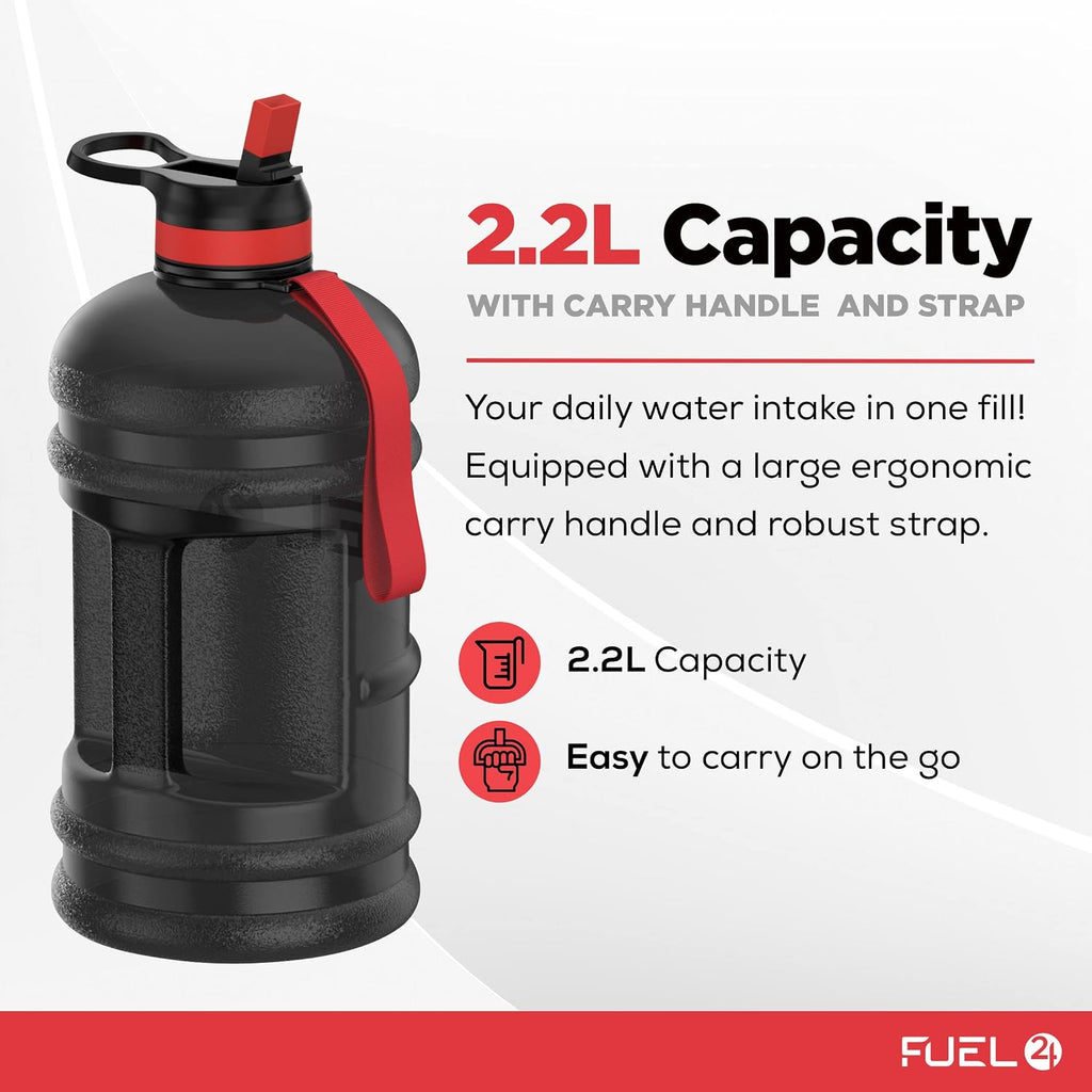 Fuel24 Jug - 2.2 Litre Water Bottle - Extra Strong Flex Material - Drop Proof, Pop or Straw Cap Options - 2.2L Large Gym Sports Bottle, BPA FREE