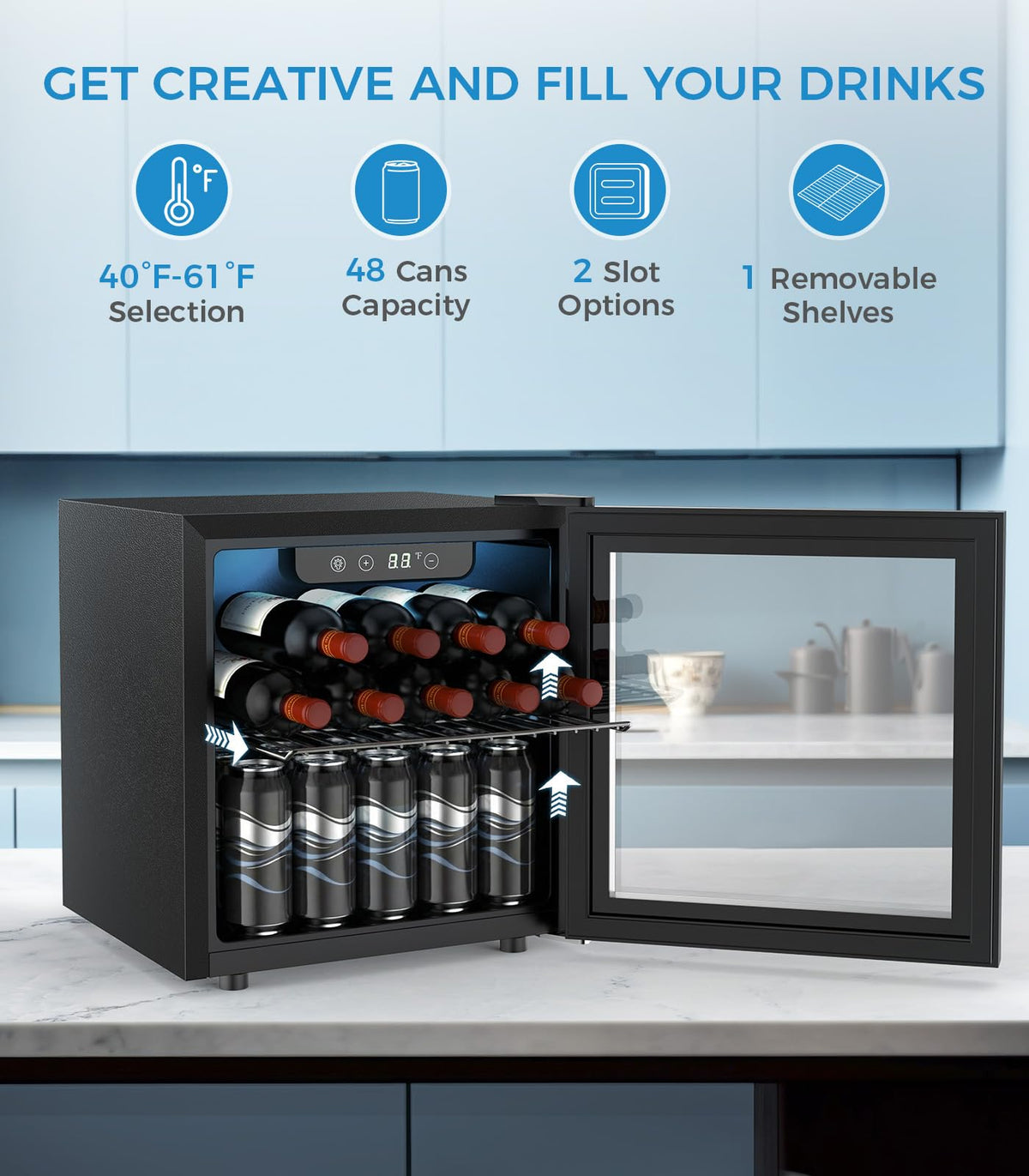Electactic 48 Can Beverage Refrigerator,12 Bottle Wine Cooler with Seamless Stainless Steel & Glass Door, Digital Temperature Display, Countertop Mini Fridge for Soda, Wine or Beer, Silver