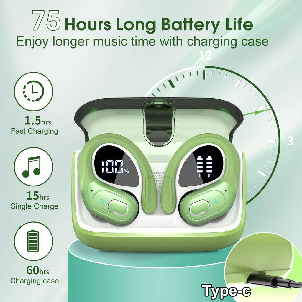 Aptkdoe Wireless Earbuds 75H Bluetooth 5.4 Sport Headphones with Earhooks