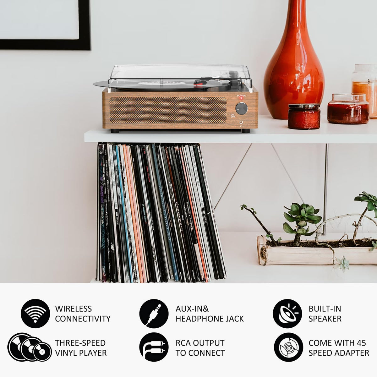 Seasonlife® Retro Vinyl Record Player with Stereo Speakers,Walnut Brown