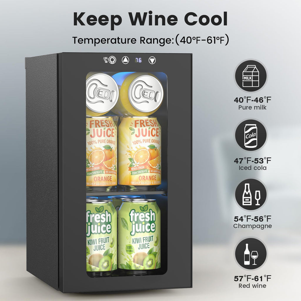 Electactic 48 Can Beverage Refrigerator,12 Bottle Wine Cooler with Seamless Stainless Steel & Glass Door, Digital Temperature Display, Countertop Mini Fridge for Soda, Wine or Beer, Silver