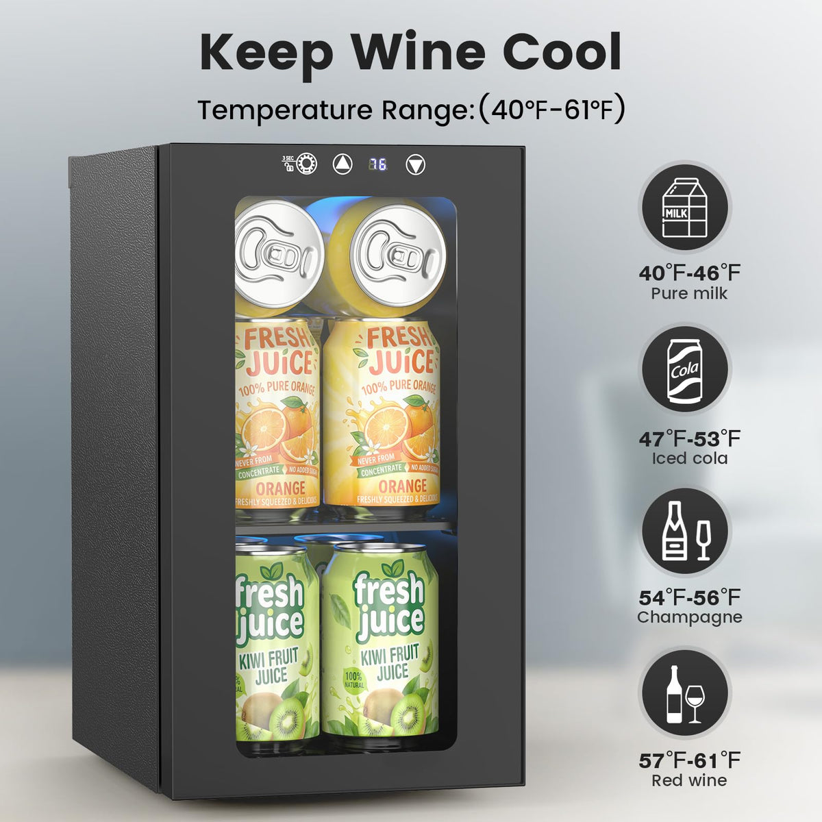 Electactic 48 Can Beverage Refrigerator,12 Bottle Wine Cooler with Seamless Stainless Steel & Glass Door, Digital Temperature Display, Countertop Mini Fridge for Soda, Wine or Beer, Silver