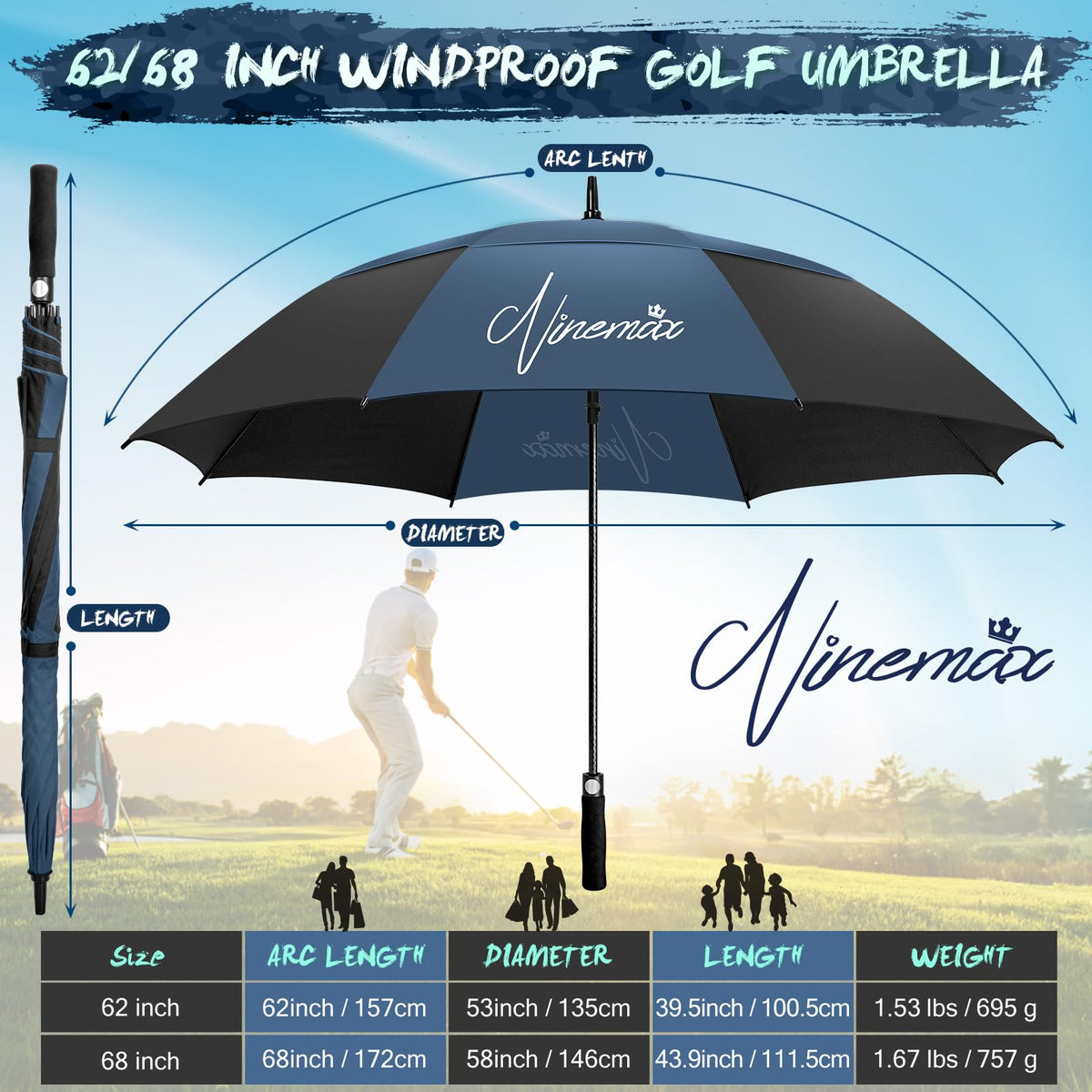 NINEMAX Large Golf Umbrella Windproof Strong 54/62/68 Inch,Extra Big Golf Umbrellas Automatic Open Double Canopy for Gents Women