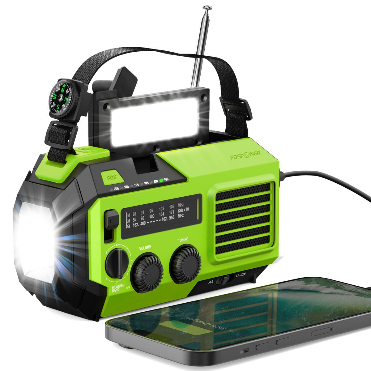FosPower NOAA Emergency Weather Radio A1 7400mWh Solar Hand Crank (Orange)