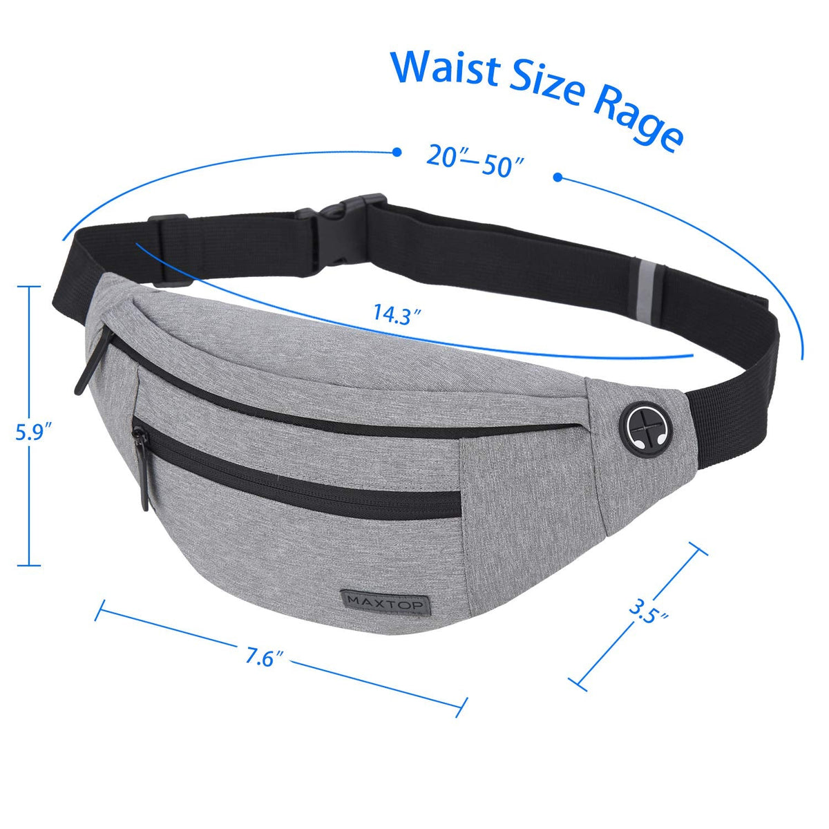 MAXTOP Large Bumbag Waist Fanny Pack Running Belt for Men Women Unisex Bum Bag with Headphone Jack and 4-Zipper Pockets Adjustable Belt for Travel Running Jogging Workout Hiking Gifts All Black
