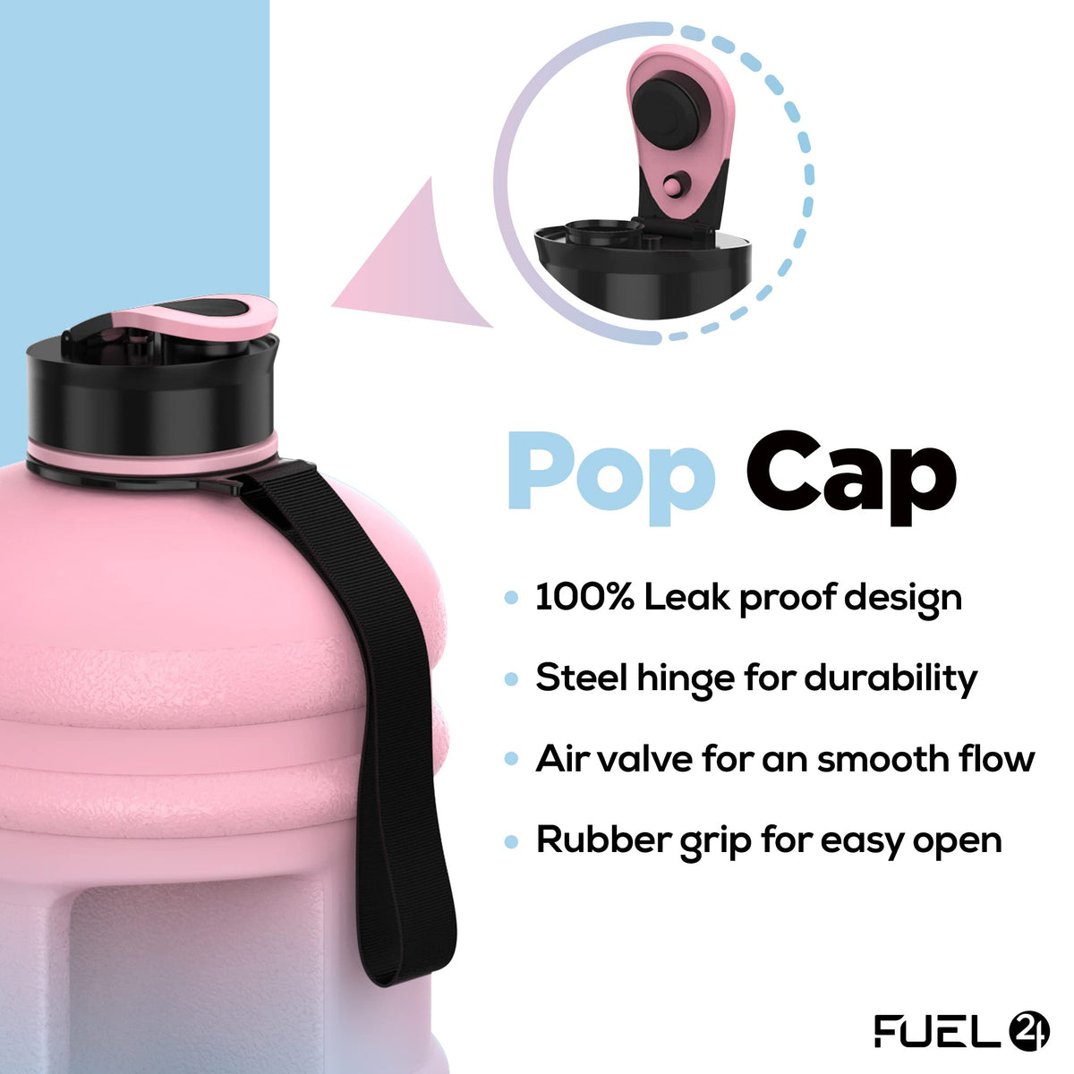 Fuel24 Jug - 2.2 Litre Water Bottle - Extra Strong Flex Material - Drop Proof, Pop or Straw Cap Options - 2.2L Large Gym Sports Bottle, BPA FREE