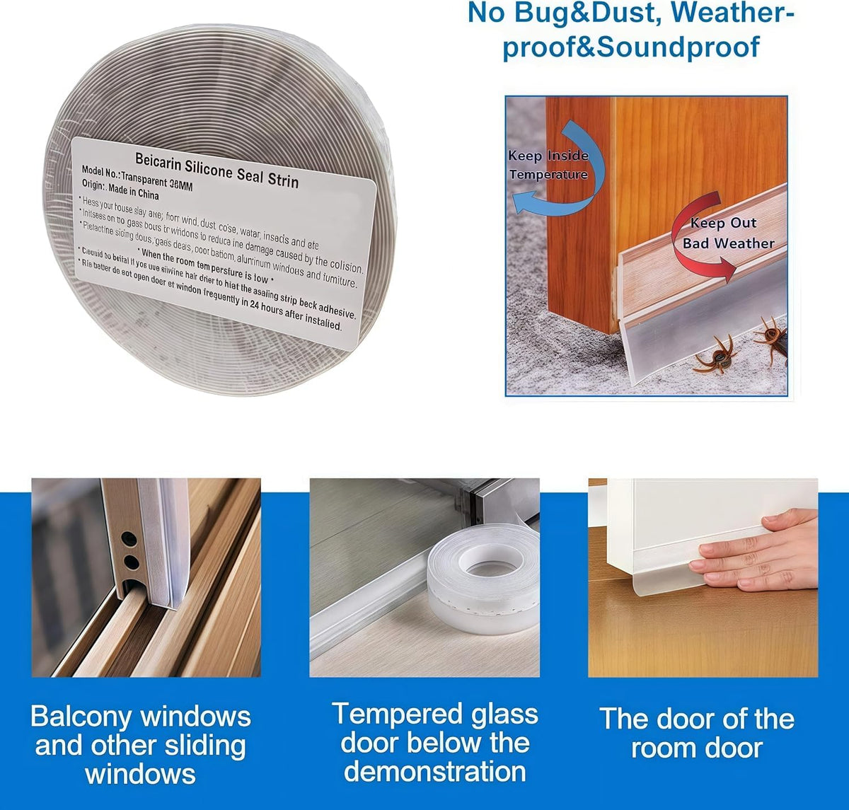 Silicone Seal Door Strip Bottom - 8M/26ft (W: 35MM) Silicone Sealing Sticker Self Adhesive Weather Stripping for Gaps of House, Glass Shower, Window and Door, Weatherproof Soundproof Insect Proof