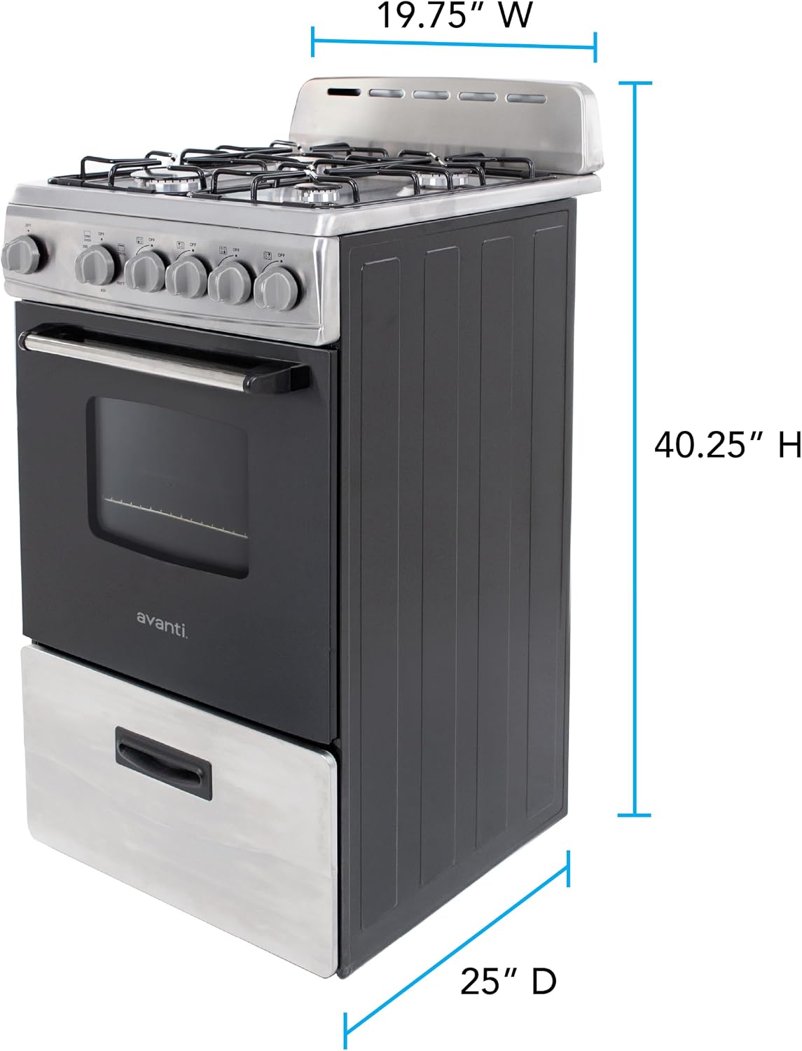 Avanti Compact Gas Range Oven, 4 Sealed Burners, 20-Inch, Stainless Steel