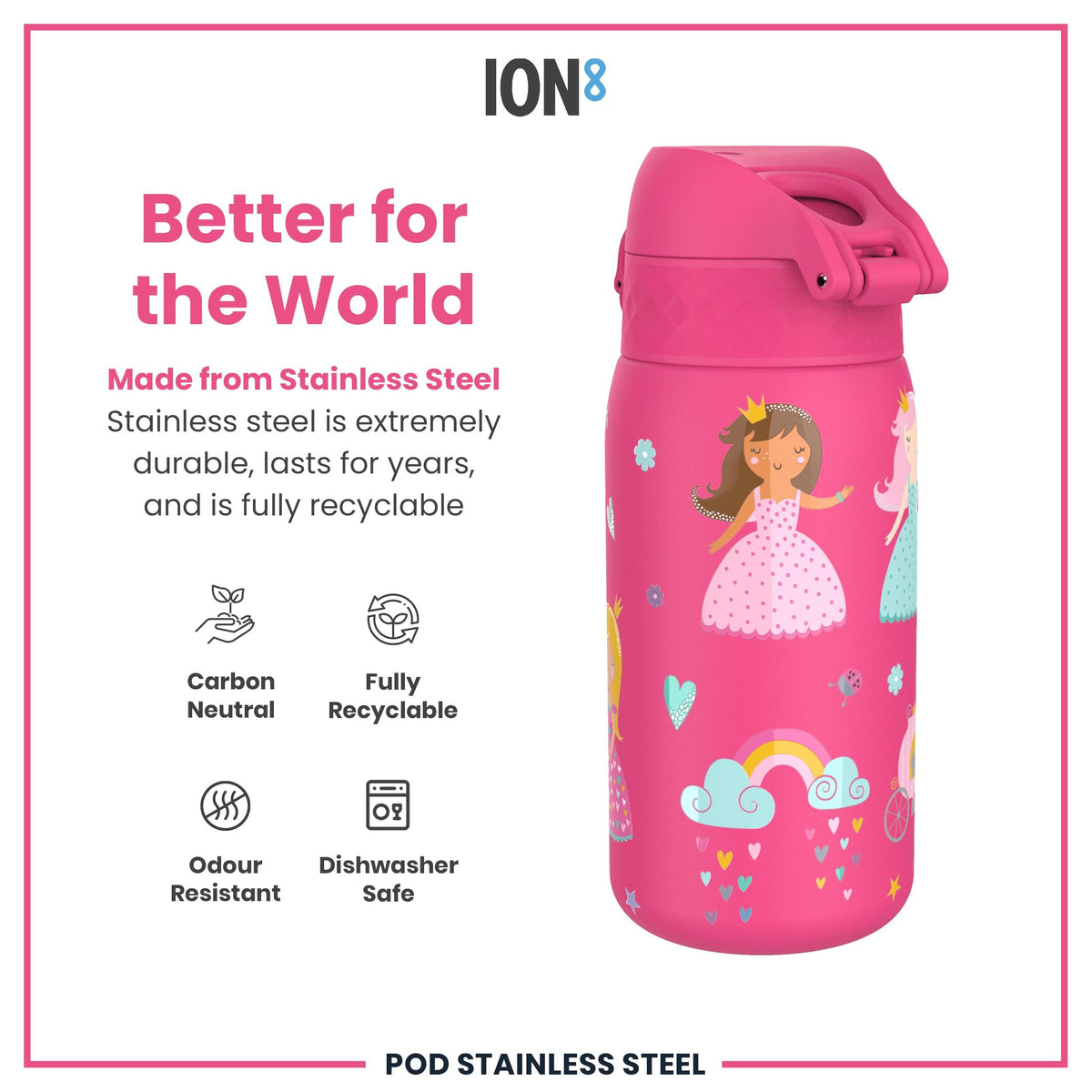 ION8 Lightweight Steel Kids Water Bottle, 400ml/13oz, Purple Unicorns