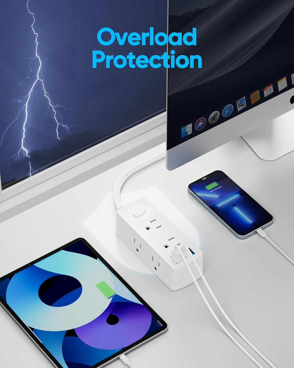 Olcorife Flat Plug Power Strip with 15 FT Extension Cord, 6 Outlets 3 USB Ports(1 USB C), 3 Sided Outlet Extender for Home Office Travel Dorm Room Essentials, White