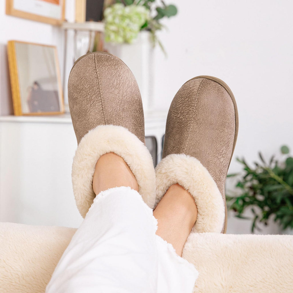 EverFoams Women's Suede Bootie Slippers Fuzzy Plush Collar Memory Foam