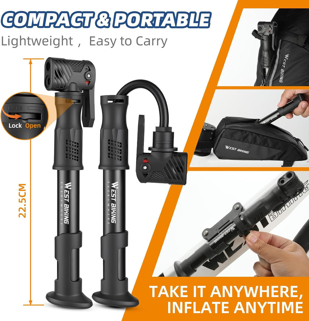 Bicycle Pump Mini Bike Pump Aluminum Alloy Cycle Pump for Presta & Schrader Valve, Portable Lightweight Bike Tyre Pump Fast Tyre Inflation Mini Air Pump For Mountain Road Bike Ball Pump