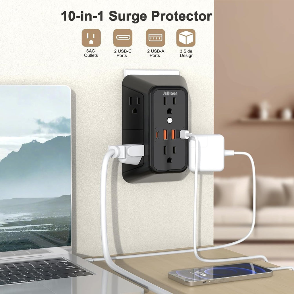 3 Pack Surge Protector Outlet Extender, 6 Outlet Splitter with 4 USB Ports (2 USB C), Multi Plug Wall Outlet 1050J Power Strip, USB Wall Charger for Home Office Kitchen Travel-ETL