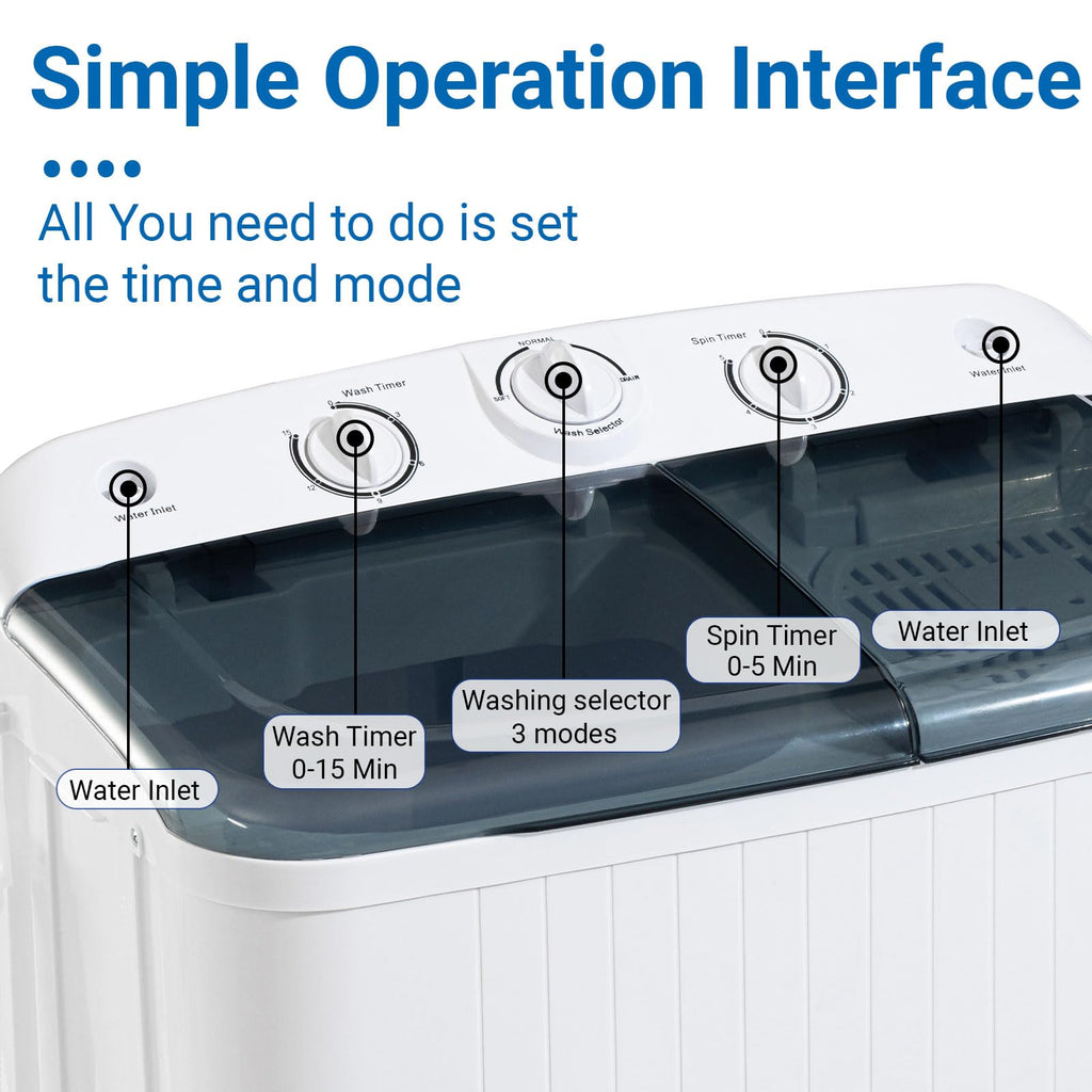 Erivess Portable Twin Tub 19lbs Washing Machine with Drying Rack and 10 Hangers, 12lbs Washer Mini Compact Laundry Machine with 7lbs Spinner, 1500rpm Semi-automatic Washer Combo for Dorm&Apartment