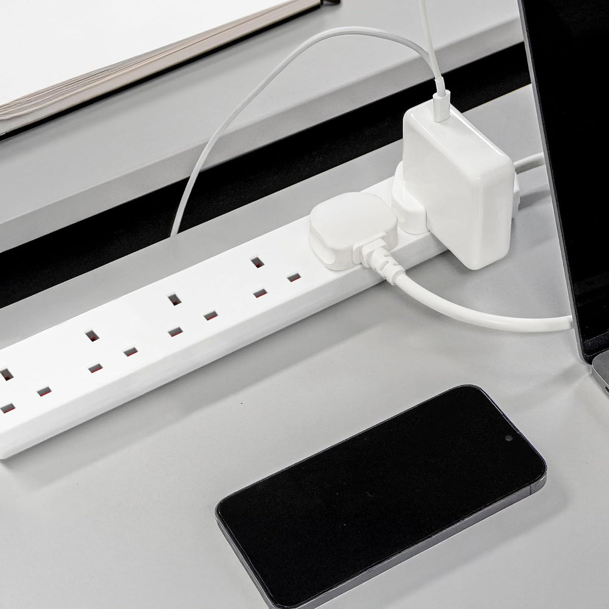 DESIRETECH White Electric Extension Lead - 6 Gang, 1 Metre Cable with UK Plug & 3 Pin Socket - Wall Mountable & Multi Socket Mains Strip for Home, Bedroom, Kitchen, & Office (1 Pack)