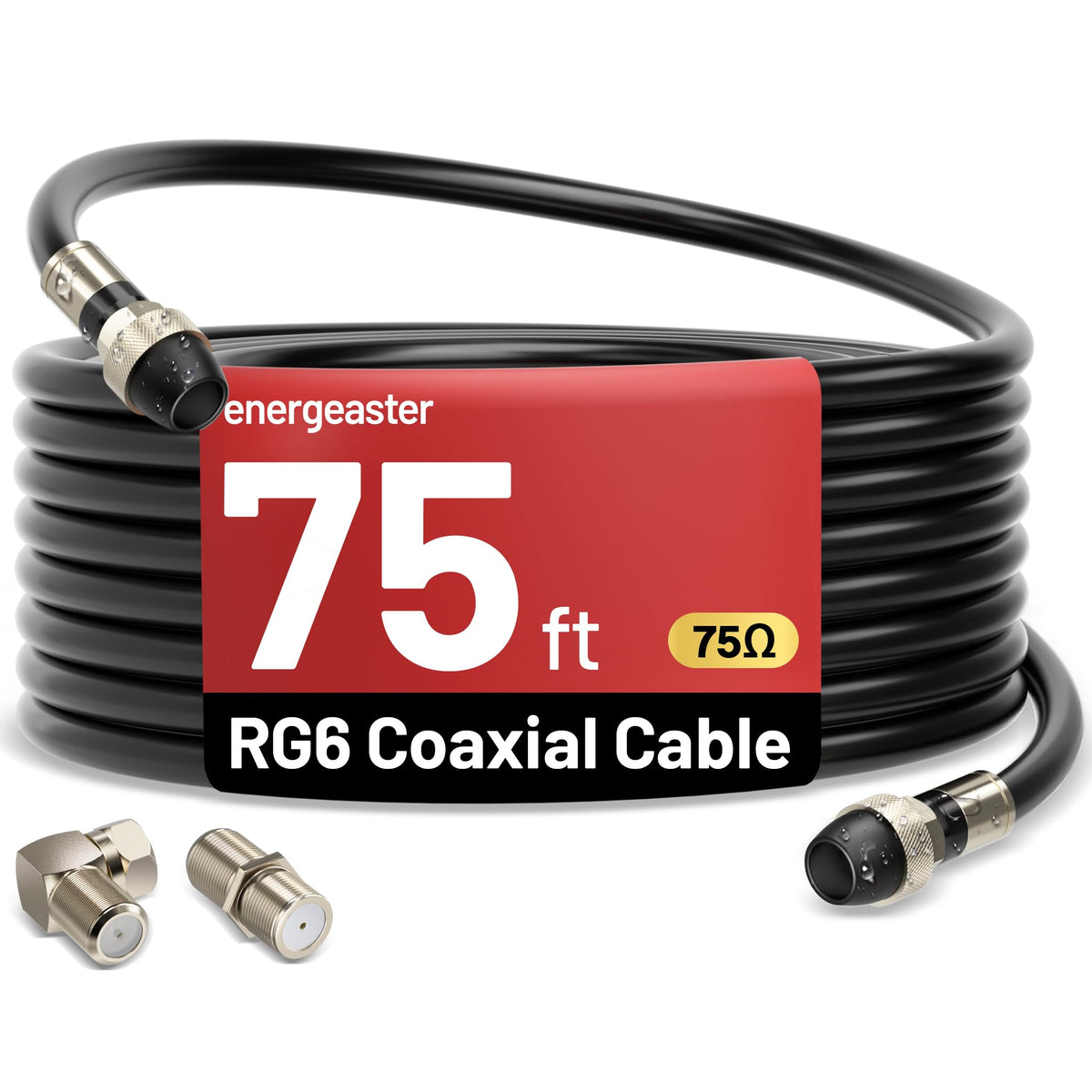 energeaster 10FT RG6 Coaxial Cable with Waterproof Rubber Boot, Black