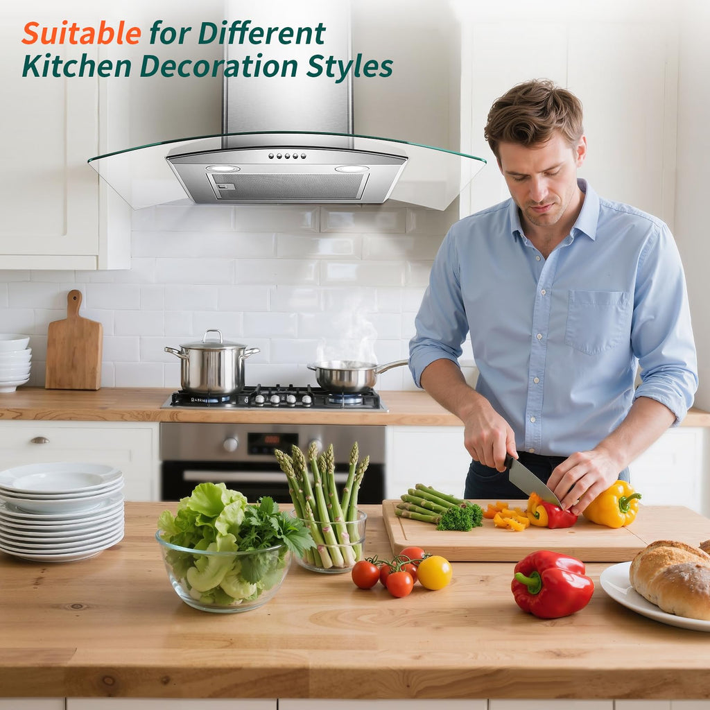 Tieasy Range Hood 30 Inch, 450 CFM Wall Mount Kitchen Hood with Ducted/Ductless Convertible Stainless Steel Filter Range Hoods 3-Speed Touch Control LED Lights