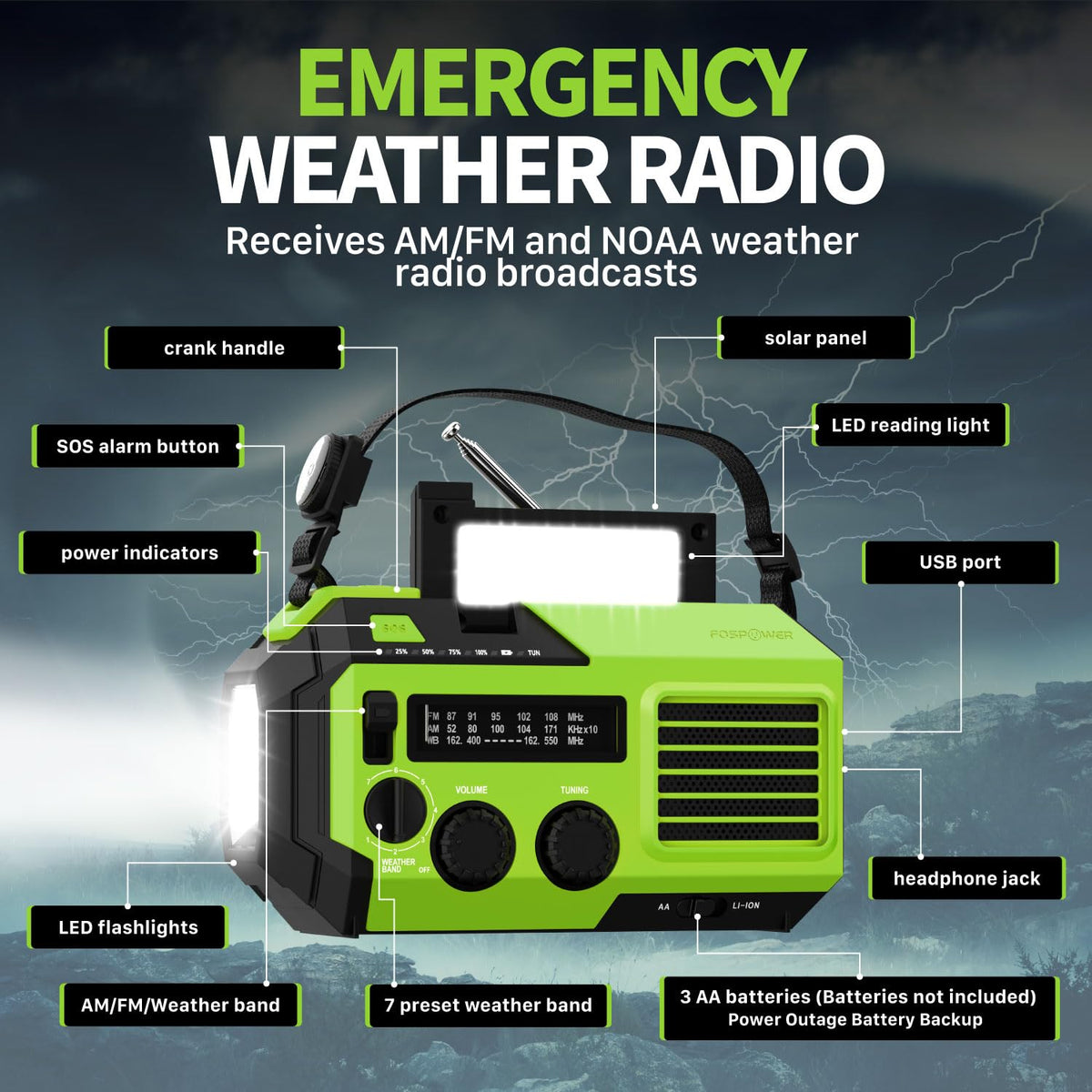 FosPower NOAA Emergency Weather Radio A1 7400mWh Solar Hand Crank (Orange)