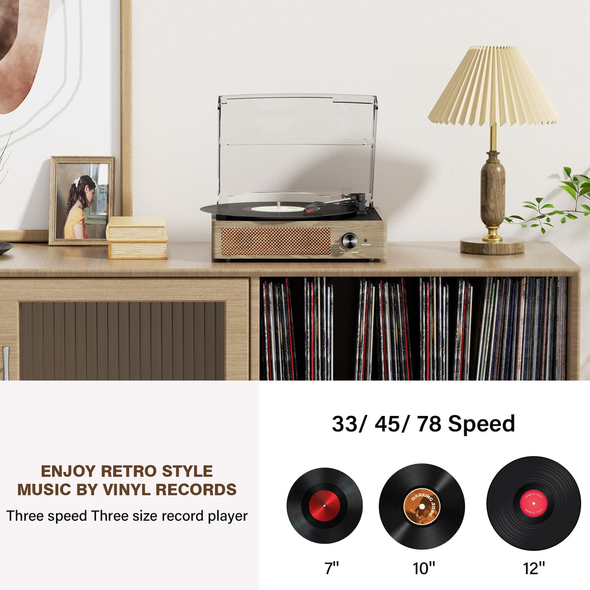 Vinyl Record Player Turntable with Built-in Bluetooth Receiver & 2 Stereo Speakers, 3 Speed 3 Size Portable Retro Record Player for Entertainment and Home Decoration