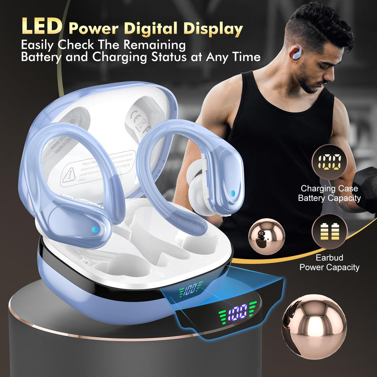 HAOYUYAN Wireless Earbuds, Sports Bluetooth Headphones, 80Hrs Playtime Ear Buds with LED Power Display, Noise Canceling Headset, IPX7 Waterproof Earphones for Workout/Running (Camel)