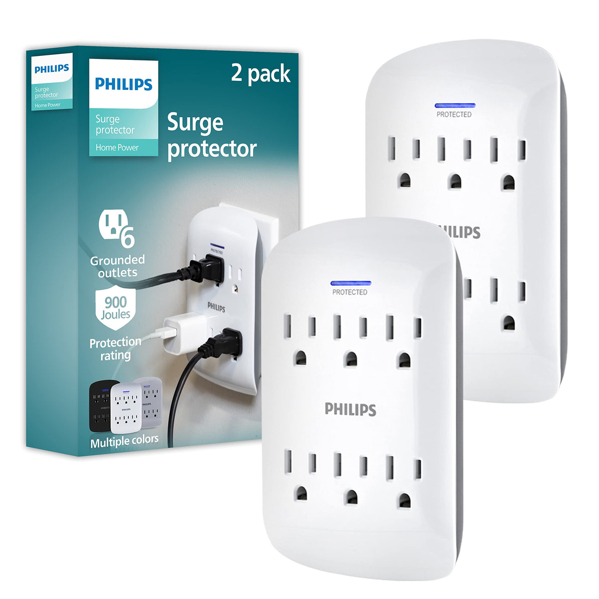 Philips 6-Outlet Extender Surge Protector, Wall Tap, 900 Joules, 3-Prong