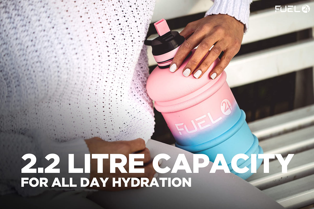 Fuel24 Jug - 2.2 Litre Water Bottle - Extra Strong Flex Material - Drop Proof, Pop or Straw Cap Options - 2.2L Large Gym Sports Bottle, BPA FREE