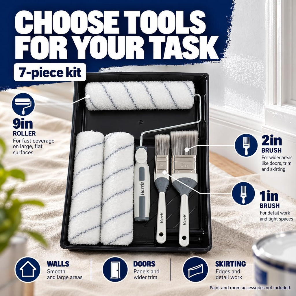 Harris Seriously Good Walls & Ceilings Decorating Kit, 7 Pieces, Roller, Brushes, Tray