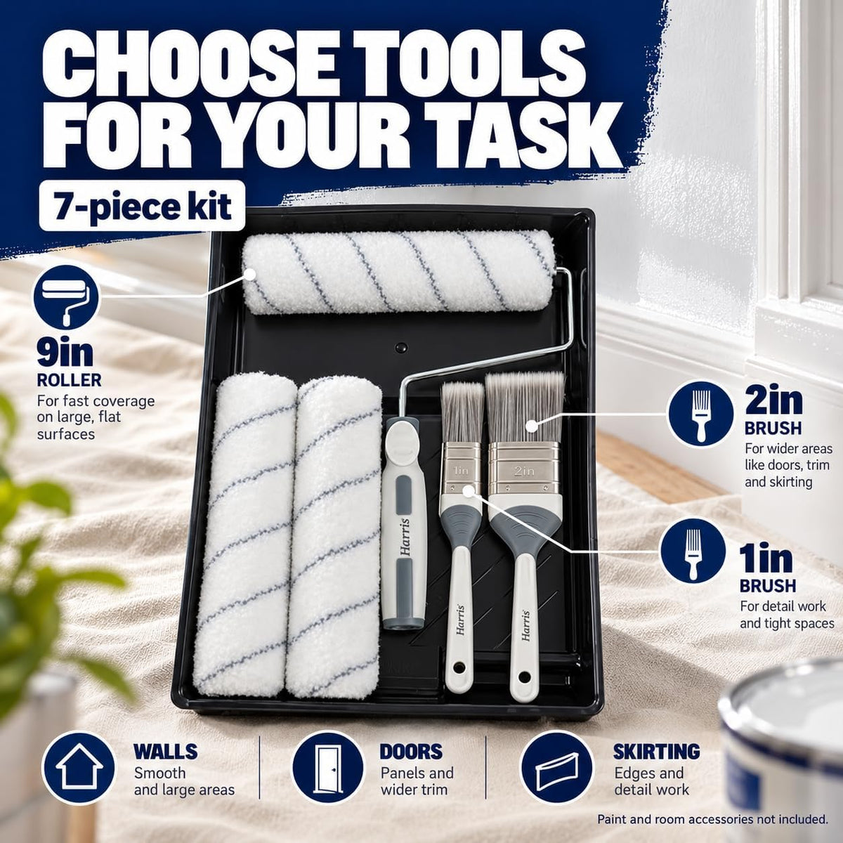 Harris Seriously Good Walls & Ceilings Decorating Kit, 7 Pieces, Roller, Brushes, Tray