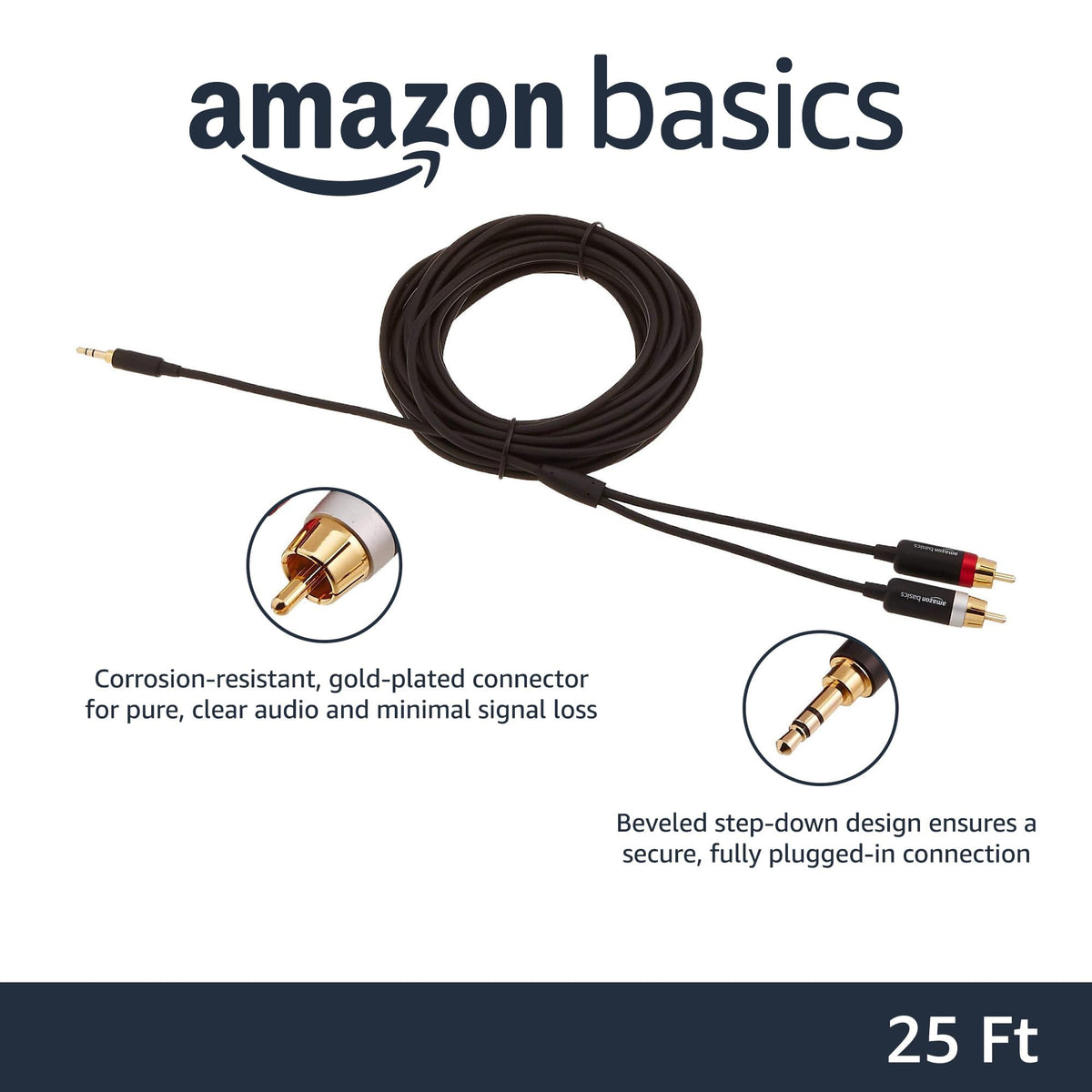 Amazon Basics 3.5mm Aux to 2 RCA Audio Cable Adapter for Amplifiers, Active Speakers, Gold-Plated Connectors, Clear Sound Quality, Shielded Construction, 8 Feet/2.4 m, Black