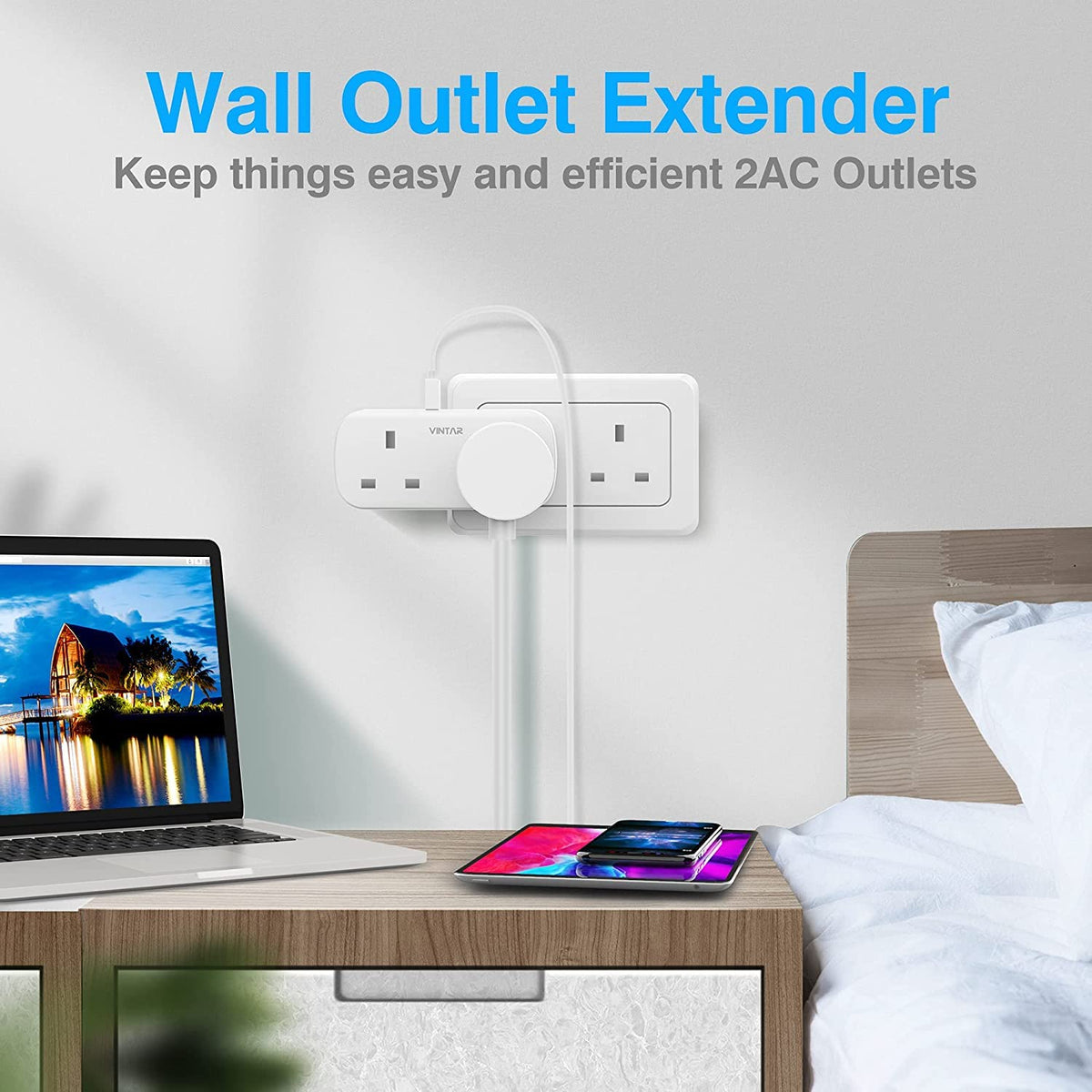 VINTAR Double Plug Adapter UK with 2 USB, 2 Way Plug Extension Sockets