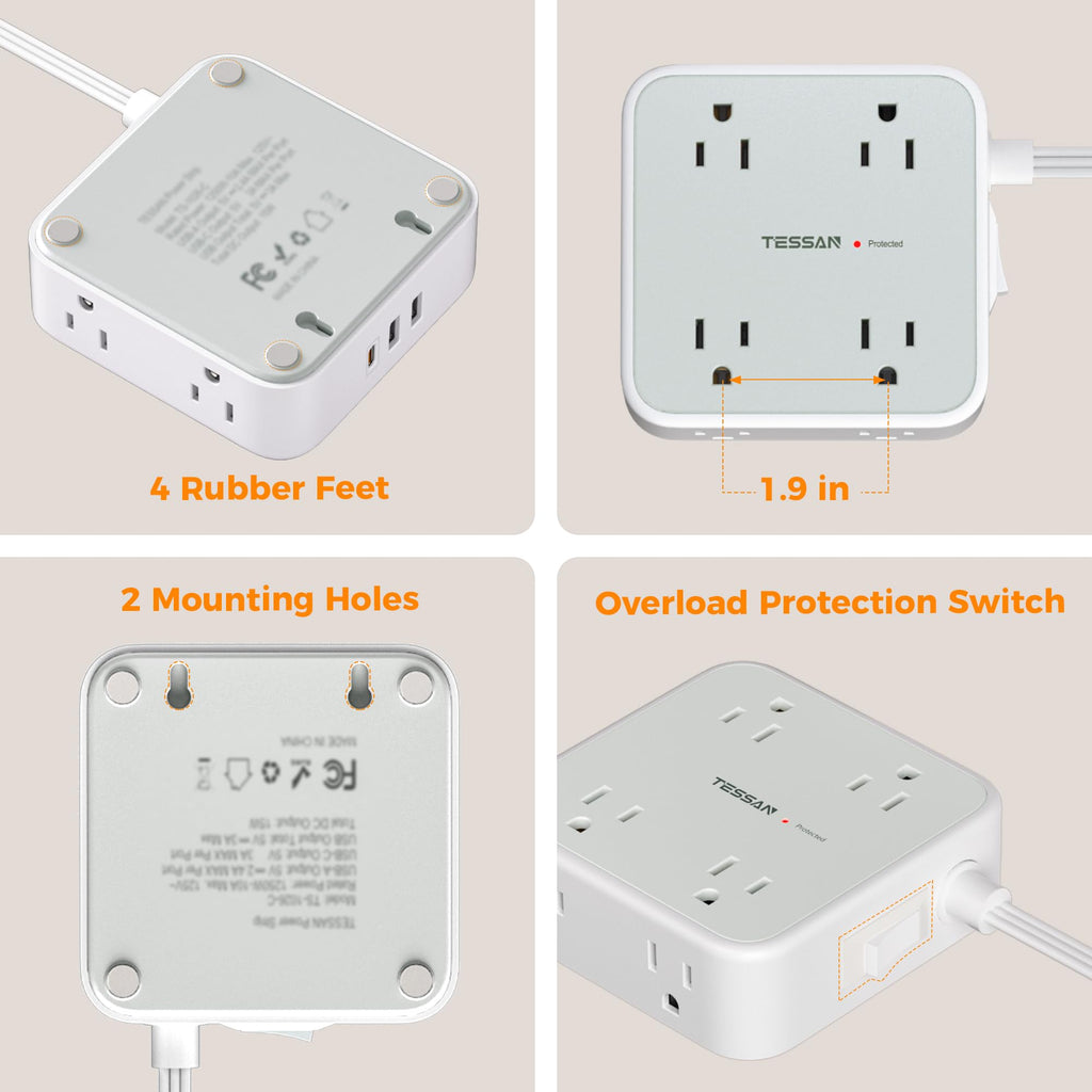 TESSAN Surge Protector Power Strip with 900J Surge Protection, 5 Ft, Grey