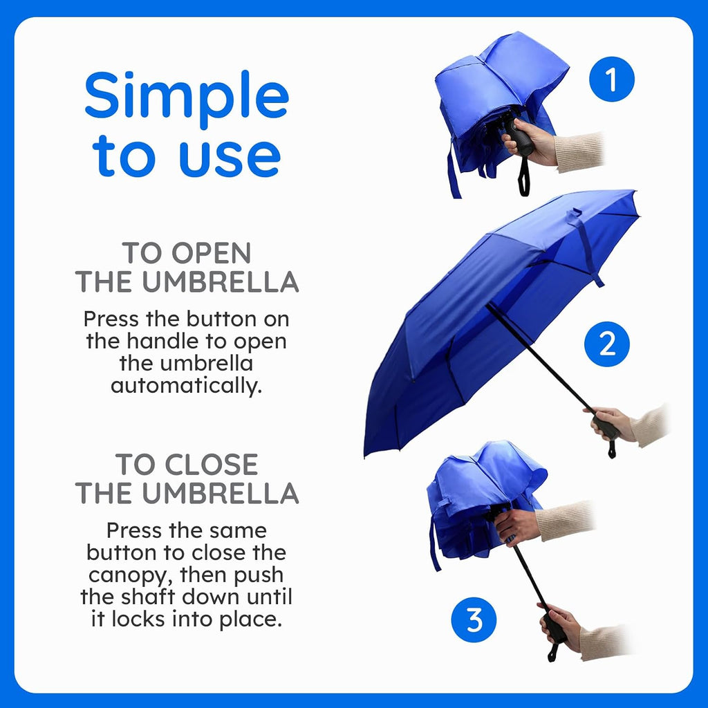 Compact Travel Umbrella, Windproof Automatic Folding with Fiberglass Ribs