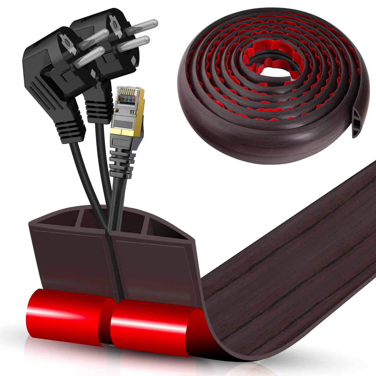 Floor Cord Cover Self Adhesive Cord Hider,3.3FT Cable Management, Extension Strip Protector for Wires, Prevent Cable Trips for Offices, Gyms, Exhibitions Cavity:0.3"(W) x 0.28"(H) Brown Wood