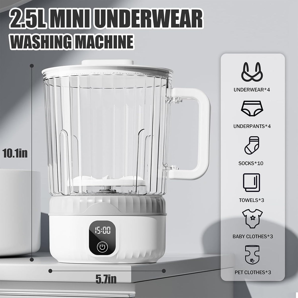 Underwear Washing Machine, Upgrade 2.5L Mini Portable Washing Machine, Mini Washer Deep Cleans Small Clothes for Apartment, Dorm, RV, Travel & Hotel Use (White)