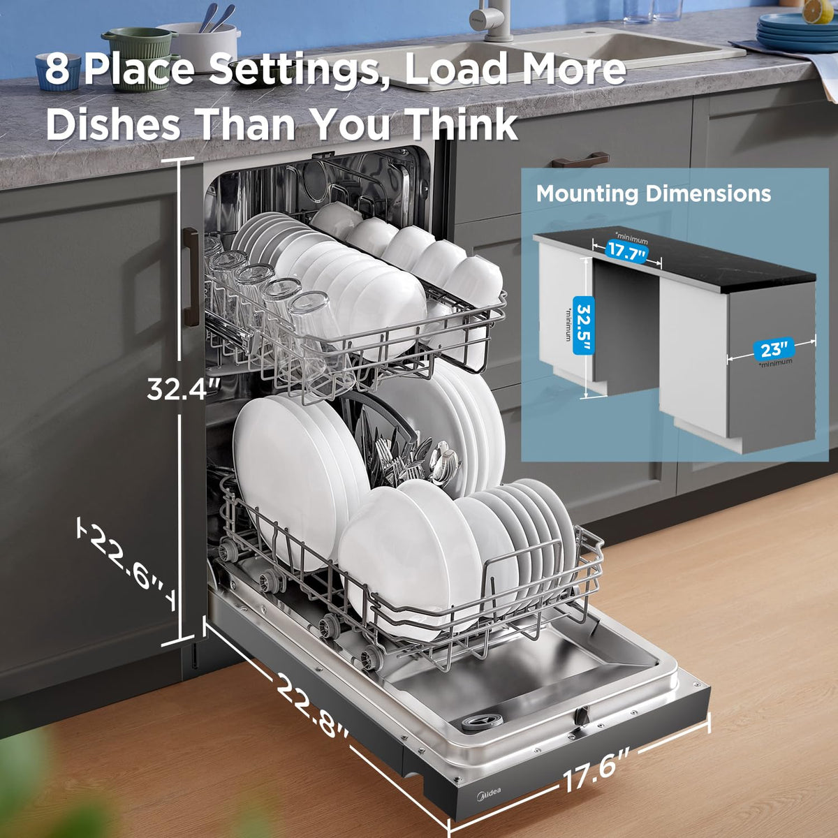 Midea 18 Inch Built-in Dishwasher, 8 Place Settings, Stainless Steel Tub