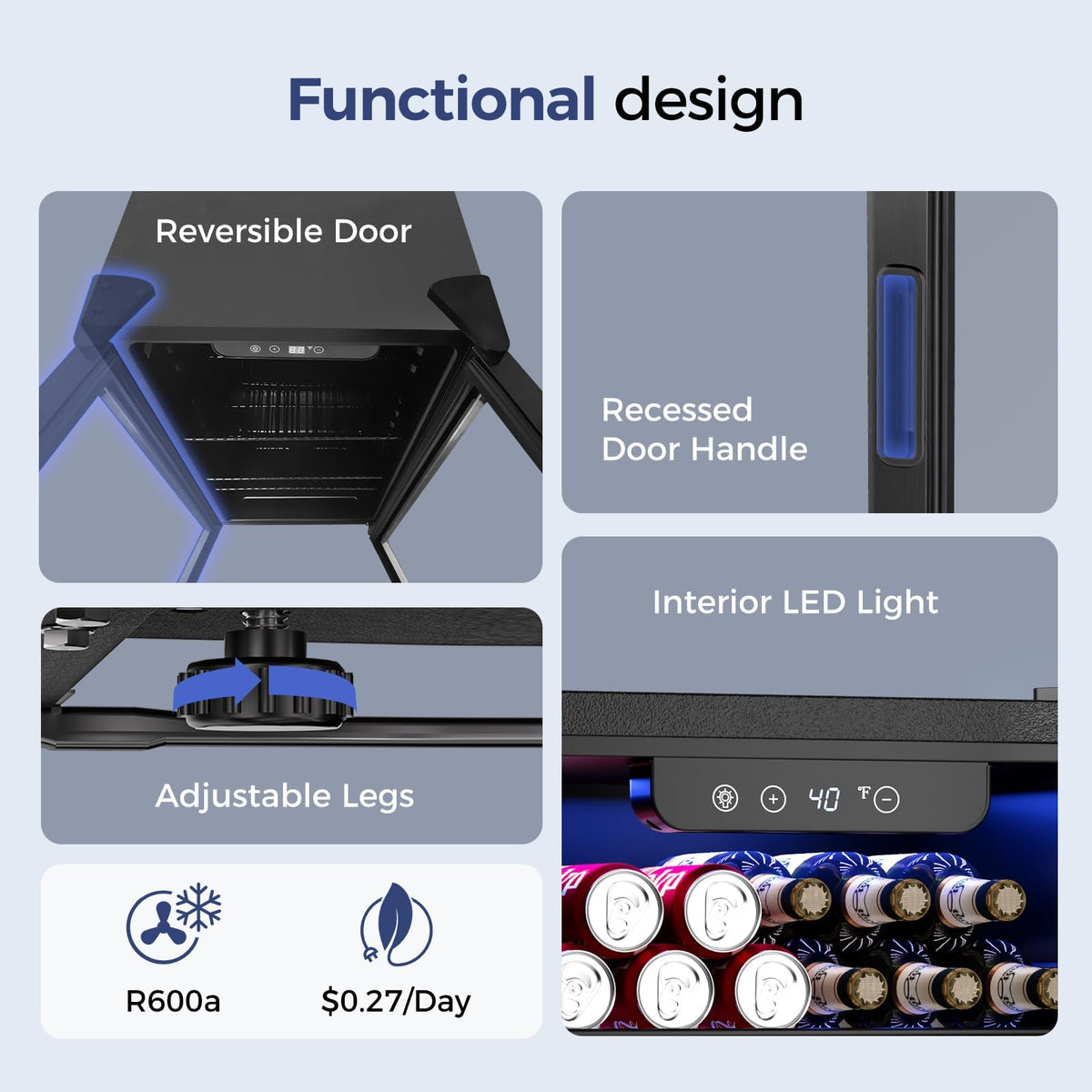 Feelfunn 2.6CuFt Beverage Refrigerator, 95 Can Mini Fridge with Glass Door