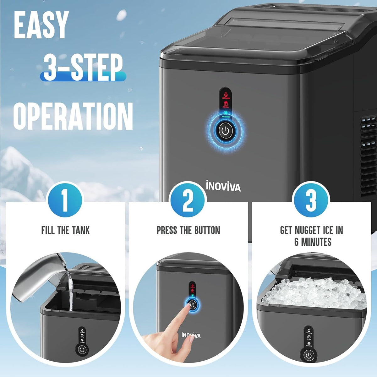 INOVIVA Nugget Ice Makers Countertop – 6 Mins Fast Ice Production, FLASHCHILL™, 26.5 LBS/Day, Self-Cleaning, Compact Portable Design, Ideal for Home, Office & Parties