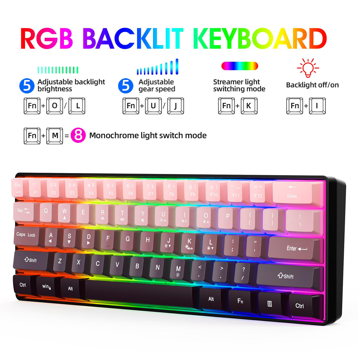 Snpurdiri 60% Wired Mechanical Gaming Keyboard, Ice Blue LED Backlit 61 Keys Mini Wired Office Keyboard for Windows Laptop PC Mac (Black-White, Red Switches)
